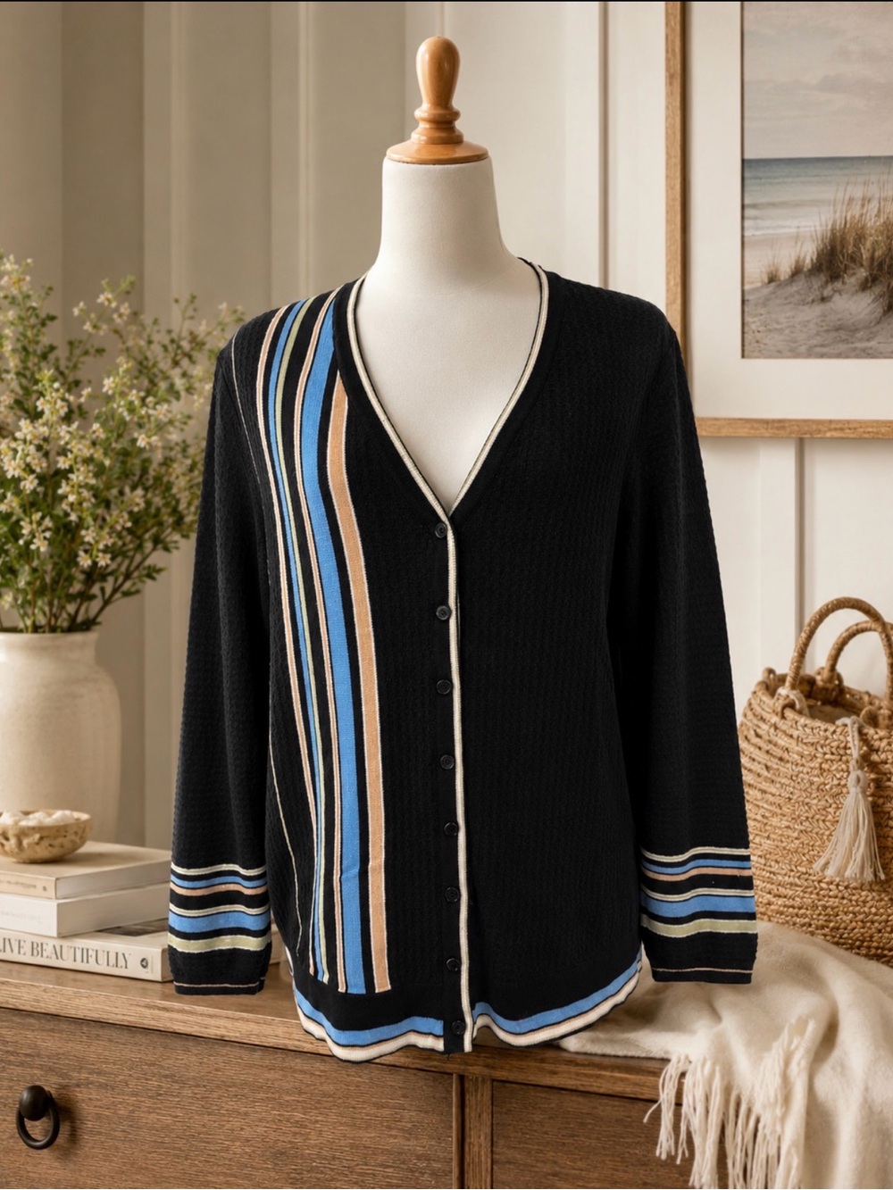 Liz Claiborne Black V-Neck Cardigan with Blue and Tan Stripes size medium